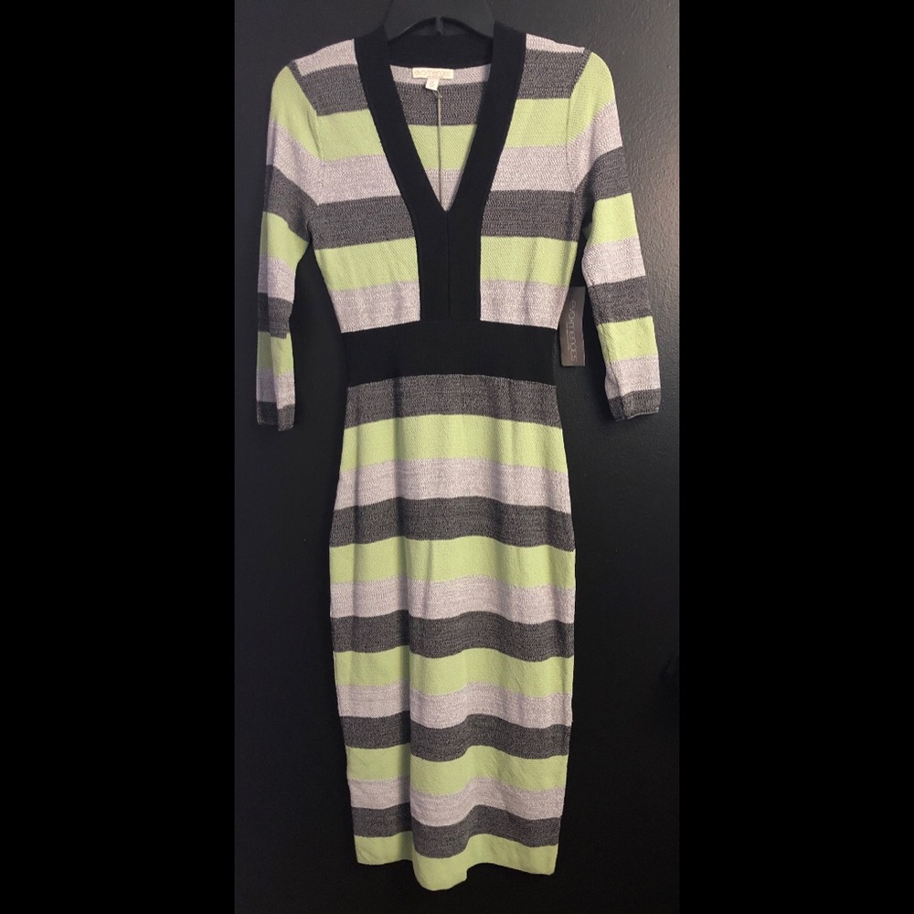 NY&Co 🔥 Striped V‑Neck Midi Dress in Lime, Gray & Black